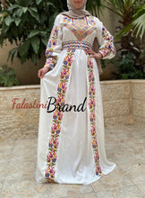 White Satin Flowy Thob Dress With Colorful Gorgeous Embroidery