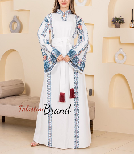 Very Chic White Embroidered Thob Dress With Wide Sleeves