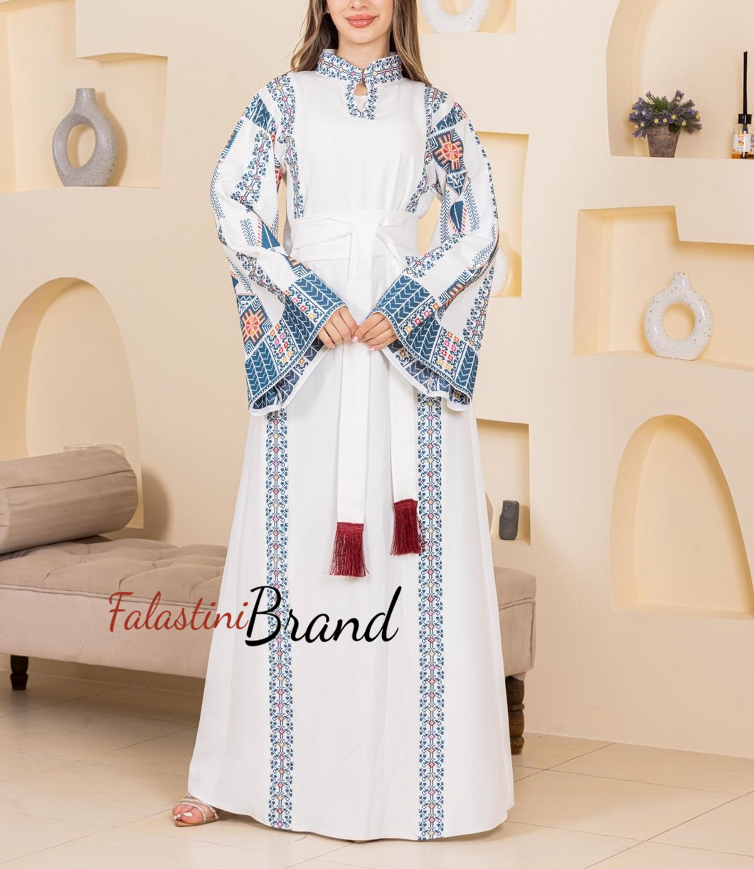 Very Chic White Embroidered Thob Dress With Wide Sleeves