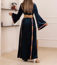 Blue Velvet Elegance Stripes Embroidered Dress with Satin Belt