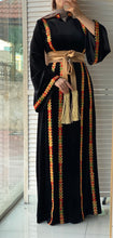 Black Velvet Elegance Stripes Embroidered Dress with Satin Belt