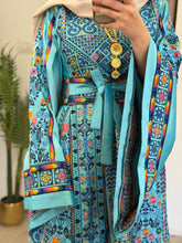 Durra Blue Satin Elegant Wide Sleeves Full Embroidered Thob Dress
