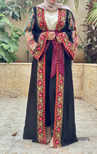 Most Elegant Full of Details Black Abaya with Burgundy Satin and Malak like Embroidery