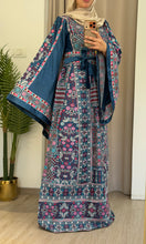 Durra Teal Navy Satin Elegant Wide Sleeves Full Embroidered Thob Dress