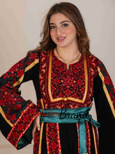 Unique Golden Lines Black And Red Palestinian Embroidered Thobe with Tasseled Satin Belt