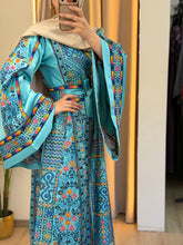 Durra Blue Satin Elegant Wide Sleeves Full Embroidered Thob Dress