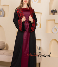 Black and Burgundy 2 Pieces Abaya Set with Satin Inner Dress
