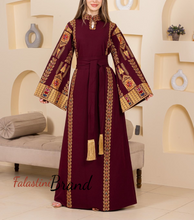 Very Chic Burgundy Embroidered Thob Dress With Wide Sleeves