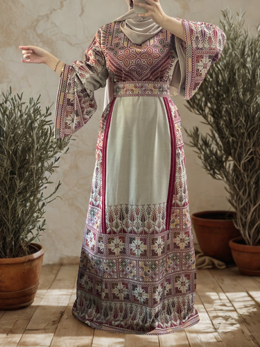 Elegant Beige Thob with Burgundy Unique Embroidery