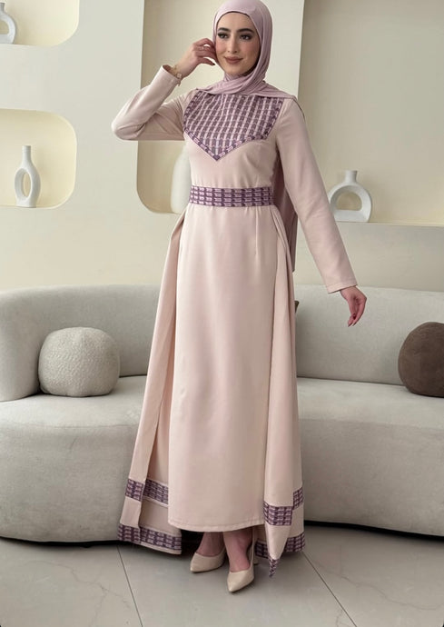 Elegant Cream Color Dress with Pinkish Embroidery and Detachable Back Skirt