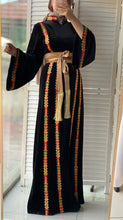 Black Velvet Elegance Stripes Embroidered Dress with Satin Belt