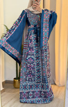 Durra Teal Navy Satin Elegant Wide Sleeves Full Embroidered Thob Dress