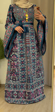 Durra Teal Navy Satin Elegant Wide Sleeves Full Embroidered Thob Dress