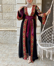 Most Elegant Full of Details Black Abaya with Burgundy Satin and Malak like Embroidery