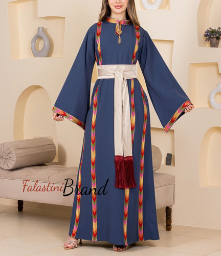 Elegant Blue Stripes Embroidered Thob Dress