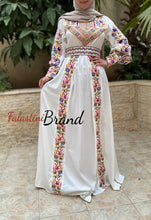 White Satin Flowy Thob Dress With Colorful Gorgeous Embroidery