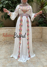 White Satin Flowy Thob Dress With Colorful Gorgeous Embroidery