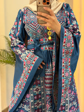 Durra Teal Navy Satin Elegant Wide Sleeves Full Embroidered Thob Dress