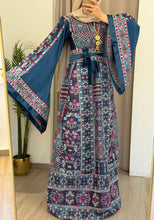 Durra Teal Navy Satin Elegant Wide Sleeves Full Embroidered Thob Dress