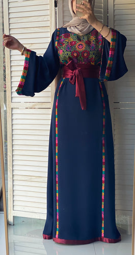 Elegant Navy Ward Thob With Manajil Details and Satin Belt