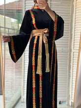 Black Velvet Elegance Stripes Embroidered Dress with Satin Belt