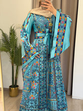 Durra Blue Satin Elegant Wide Sleeves Full Embroidered Thob Dress