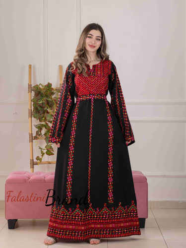Delicate and Classy Black Thob with Red Embroidery