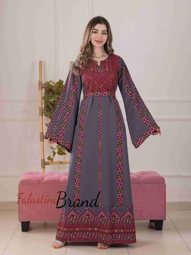 Delicate and Classy Gray Thob with Red Embroidery