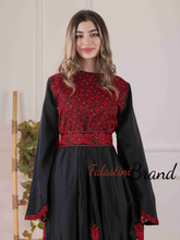 Flowy and Glamorous Black and Red Satin Dress with Rhinestones