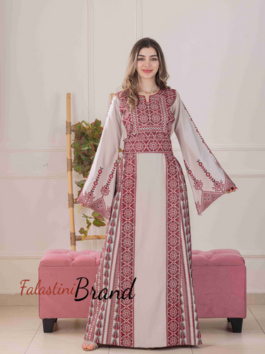 Delicate and Classy Beige Thob with Red Embroidery
