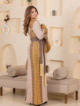 Horeyya Beige and Grey Thob Dress with Golden Embroidery