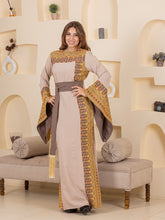 Horeyya Beige and Grey Thob Dress with Golden Embroidery