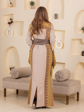 Horeyya Beige and Grey Thob Dress with Golden Embroidery