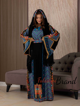 Very Elegant Wide Sleeves Black and Blue Embroidered Thob with Malak and Golden Details and Head Scarf