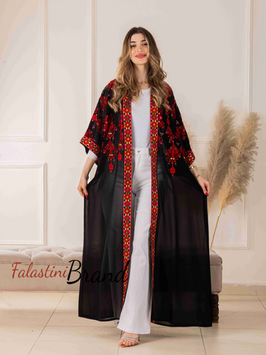 Black Diamond with Red Embroidery Open Abaya/Bisht