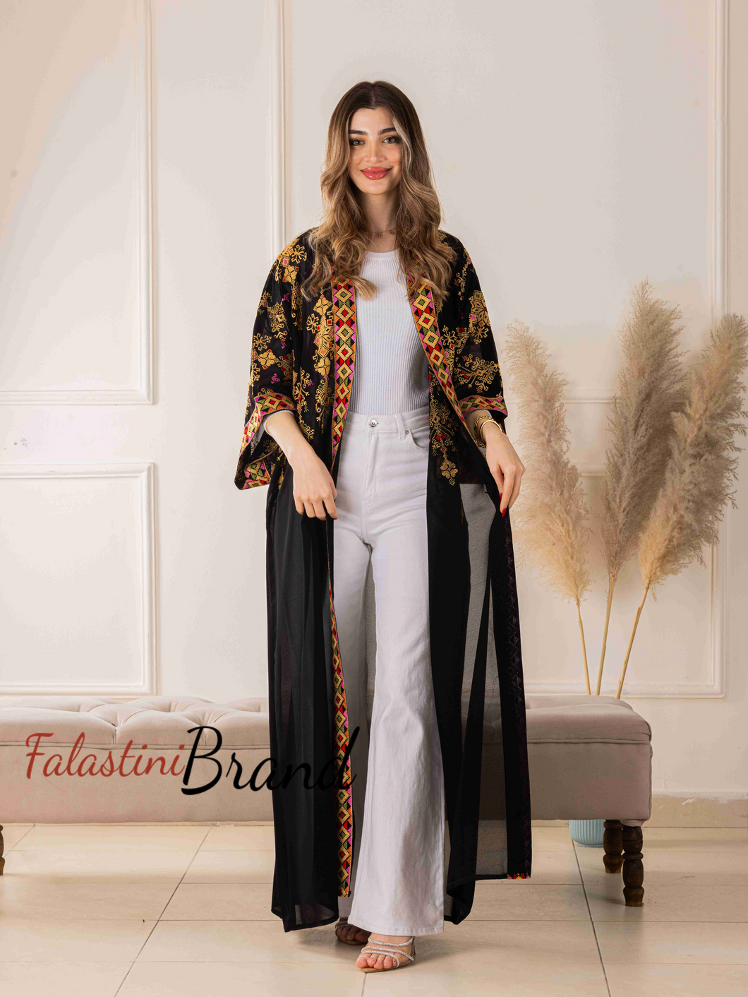 Black Diamond with Golden Embroidery Open Abaya/Bisht