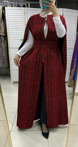 Black long embroidered cape with red embroidery