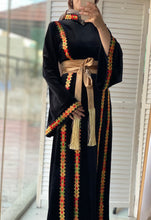 Black Velvet Elegance Stripes Embroidered Dress with Satin Belt