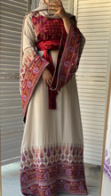 Very Unique Radan Sleeves Beige and Burgundy Thobe with Dense Embroidery and Satin Details
