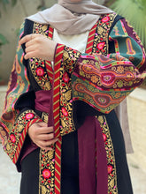 Most Elegant Full of Details Black Abaya with Burgundy Satin and Malak like Embroidery