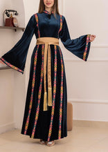 Blue Velvet Elegance Stripes Embroidered Dress with Satin Belt