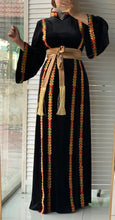 Black Velvet Elegance Stripes Embroidered Dress with Satin Belt