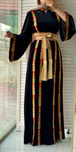 Black Velvet Elegance Stripes Embroidered Dress with Satin Belt