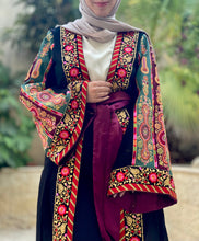 Most Elegant Full of Details Black Abaya with Burgundy Satin and Malak like Embroidery