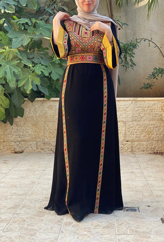 Simple and Golden Black and Red Embroidery Thob with Satin Cuffs Details