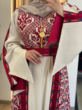 Rahaf Most Elegant Beige and Red Embroidered Thob with Satin and Manajil Details