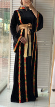 Black Velvet Elegance Stripes Embroidered Dress with Satin Belt