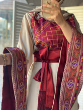 Very Unique Radan Sleeves Beige and Burgundy Thobe with Dense Embroidery and Satin Details