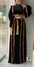 Black Velvet Elegance Stripes Embroidered Dress with Satin Belt