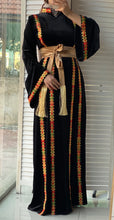 Black Velvet Elegance Stripes Embroidered Dress with Satin Belt